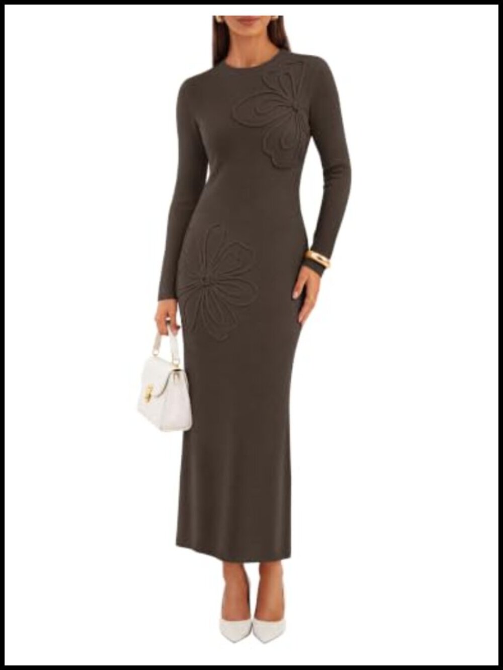 Knit Floral Maxi Sweater Dress Long Sleeve Bodycon